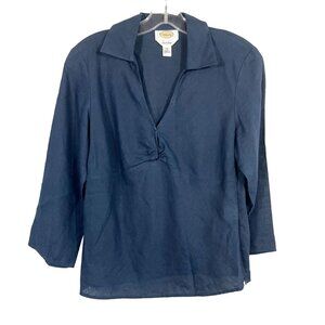 Talbots Irish Linen Navy Blue Long Sleeve Top V-Neck - Women's Size 6